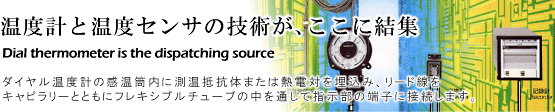 ダイヤル温度計の感温筒内に測温抵抗体または熱電対を埋込み、リード線を<br />
キャピラリーとともにフレキシブルチューブの中を通して指示部の端子に接続します。